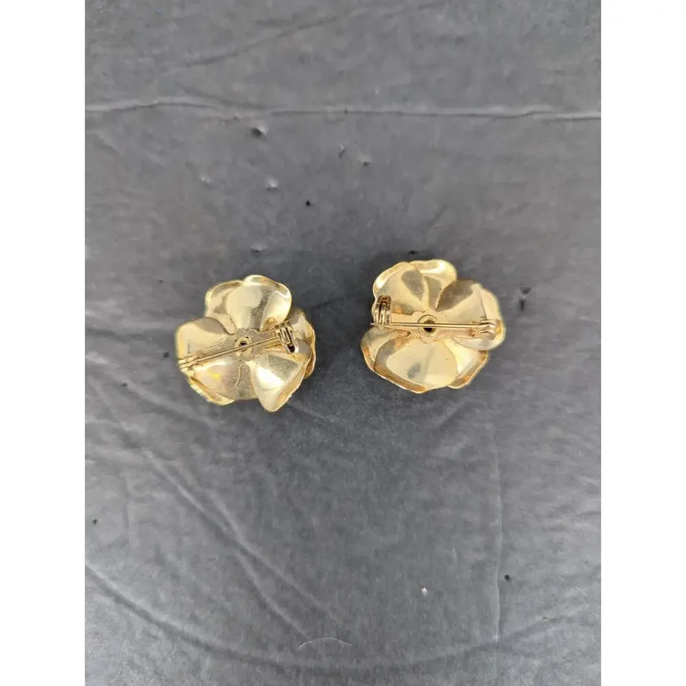 Vintage Gold Tone Openwork Flower Brooch Pins Set Pair Mid-Century Retro